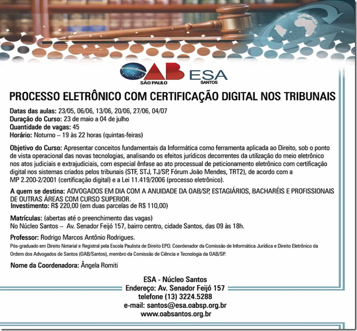 Cartaz do Curso de Processo Eletrônico da ESA/Santos